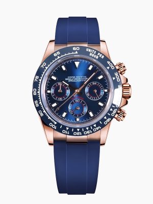 Reloj cronógrafo con esfera azul, caja dorada rosada y correa goma